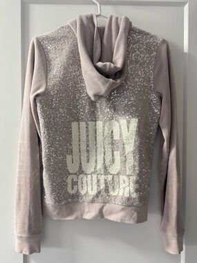 Juicy Couture Vintage Sequin Back Velour Zip-up Hoodie - Cream/Grey